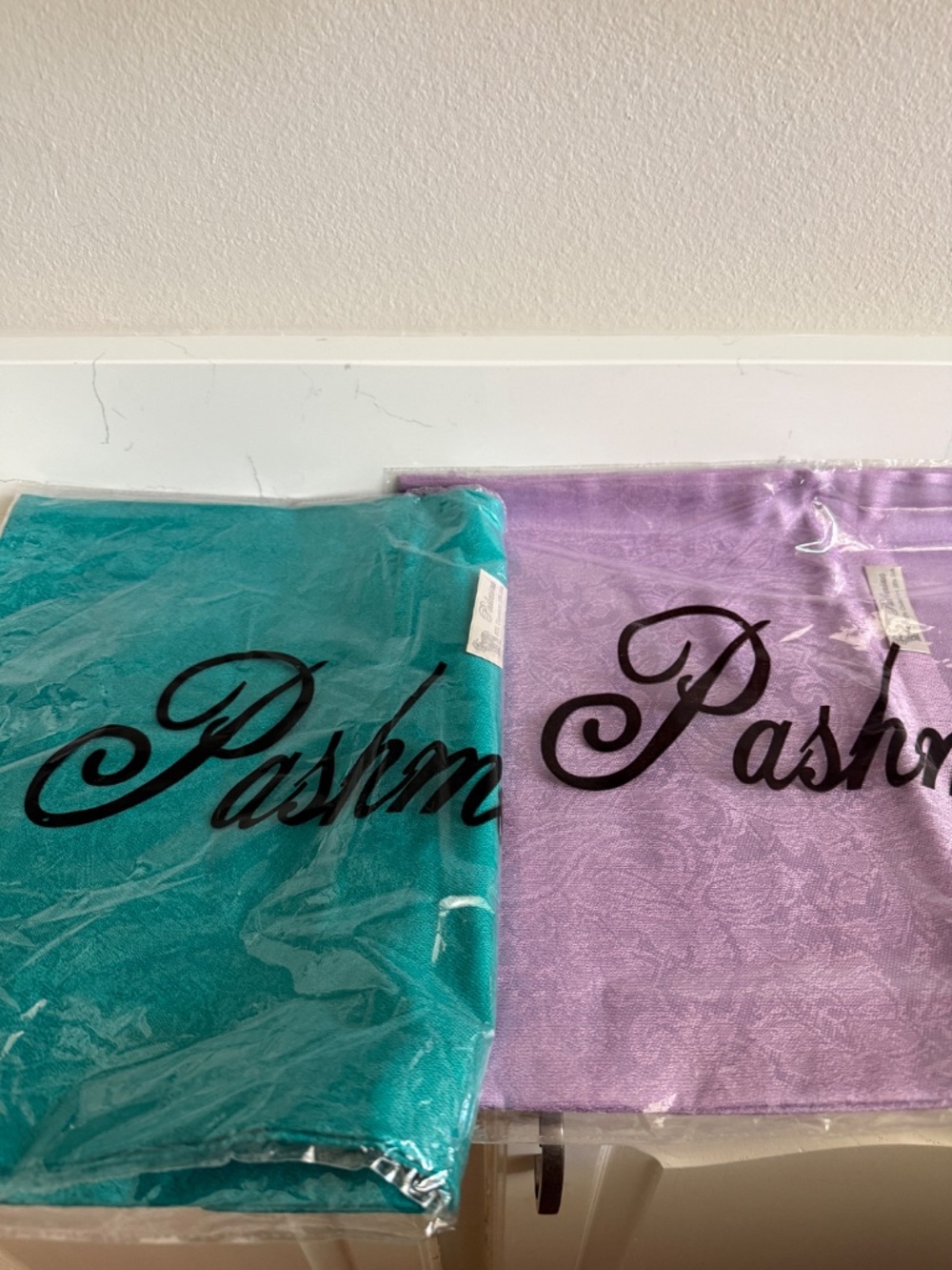 Pair of Cashmere and Silk Pashminas.  Teal Blue and Lavender Purple. New in bag.